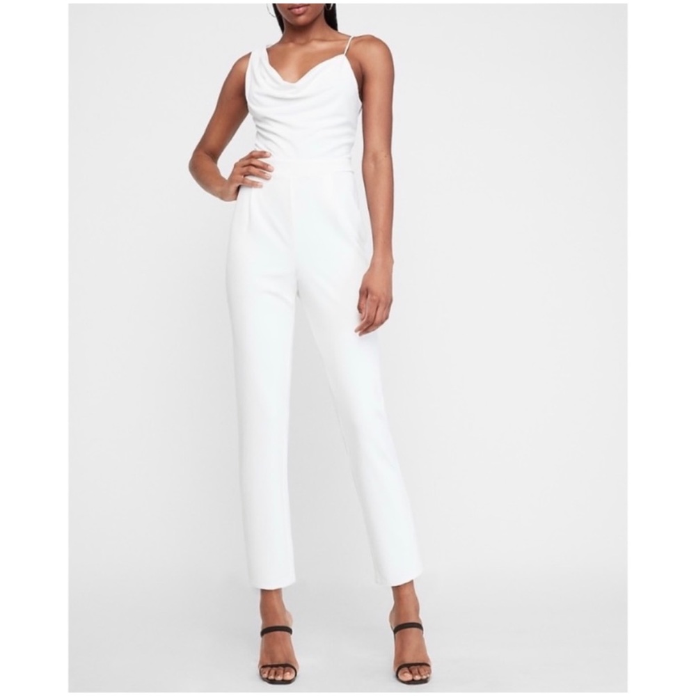 Express White Sleeveless Drape Front Jumpsuit